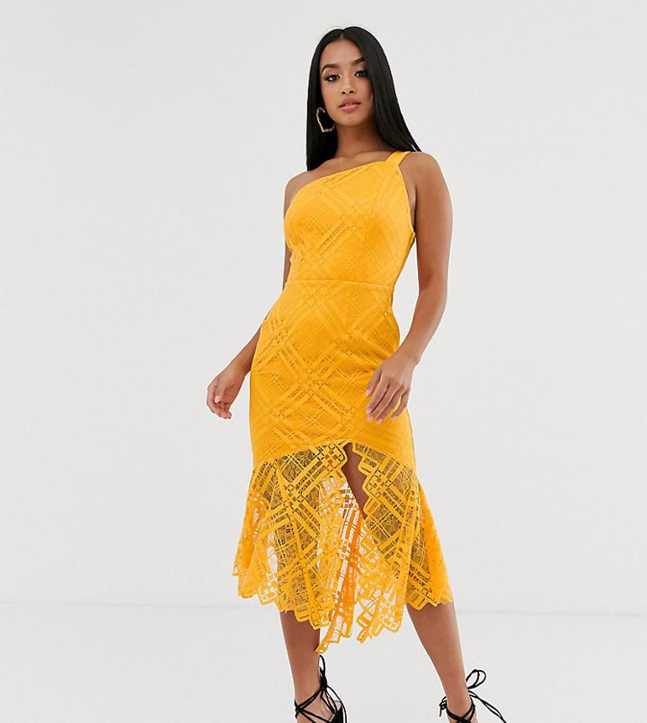 Asos Design Petite Lace One Shoulder Scallop Pephem Midi Dress-orange