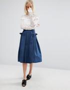 Lost Ink Denim Skirt With Side Frill Detail - Blue