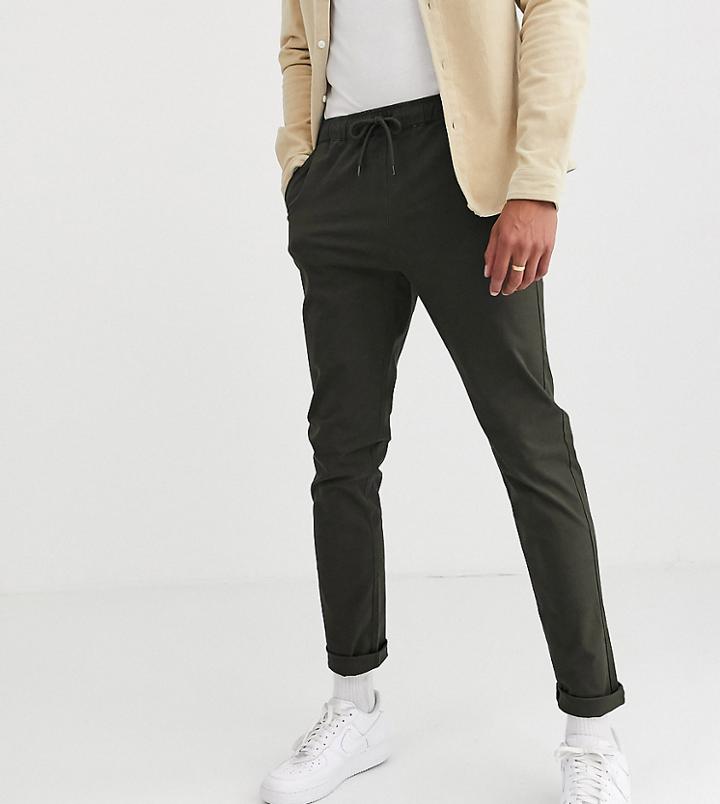 Asos Design Tall Slim Chinos With Elastic Waist In Dark Khaki