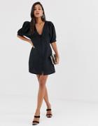 Asos Design Plunge Neck Casual Button Through Mini Skater Dress-black