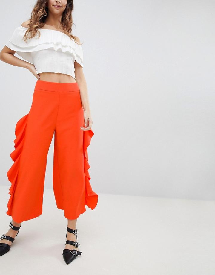 Miss Selfridge Ruffle Wide Leg Crop Pants - Orange