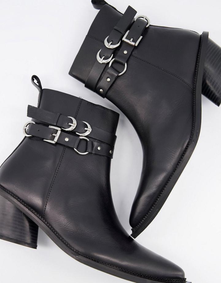 Asos Design Cuban Heel Western Chelsea Boots In Black Leather With Strap Detail