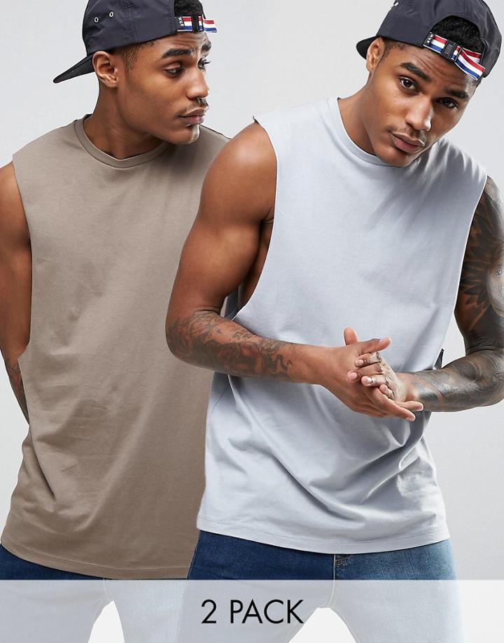 Asos 2 Pack Sleeveless T-shirt With Dropped Armhole In Brown/gray Save - Multi