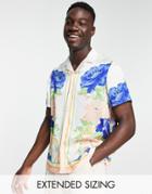 Asos Design Relaxed Revere Satin Shirt With Floral Border-multi
