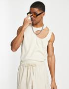 Asos Design Relaxed Rib Tank Top With Cut Out Detail In Stone-neutral