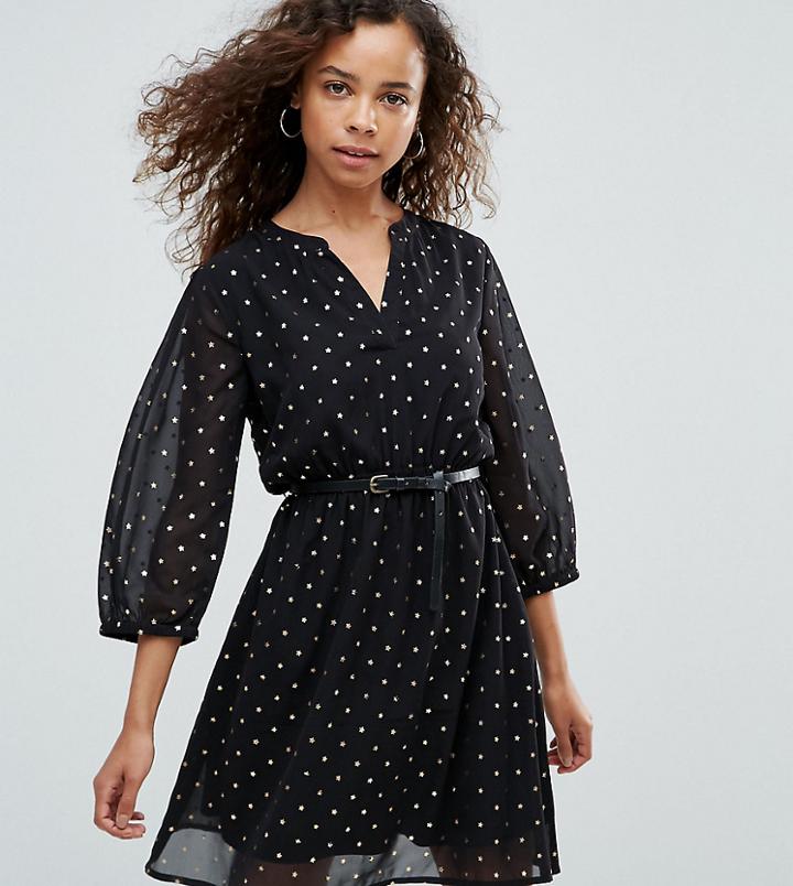 Yumi Petite Dress In Foil Star Print With Studded Belt - Black