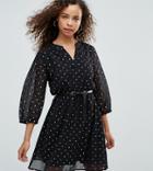 Yumi Petite Dress In Foil Star Print With Studded Belt - Black