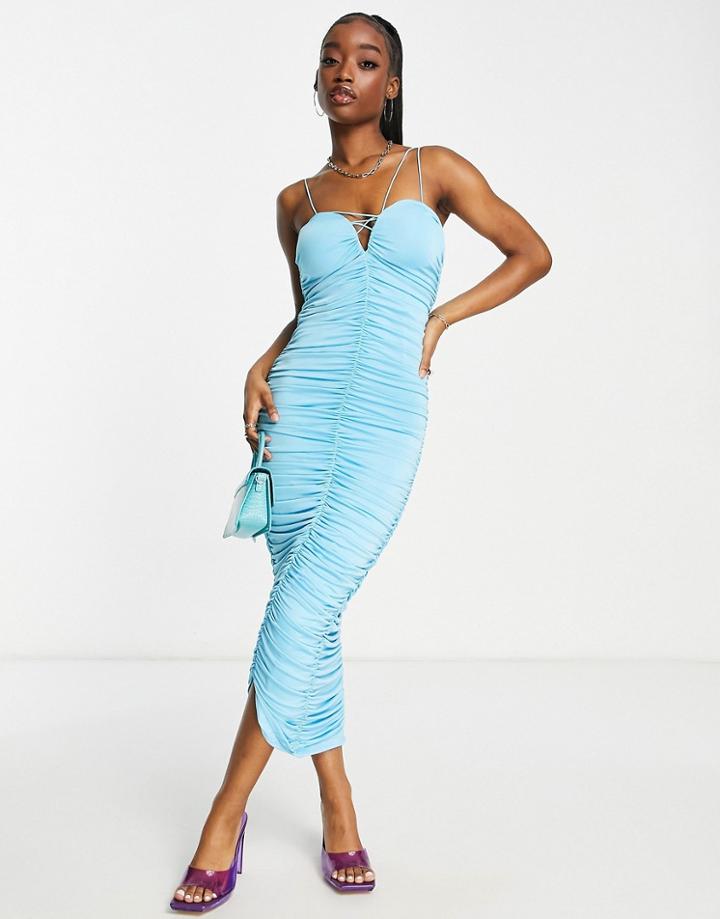 Rare London Ruched Midi Dress With Cami Straps In Blue