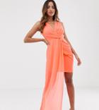 Tfnc Wrap Front Dress With Asymmetric Hem In Coral - Orange