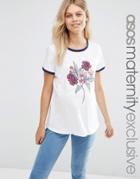 Asos Maternity Floral Embroidered T-shirt With Tipping - White