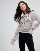 Asos Top In Mesh With Embellishment And Sleeve Gather Detail-silver