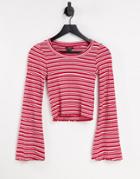 Monki Striped Trumpet Sleeve Top In Red - Part Of A Set