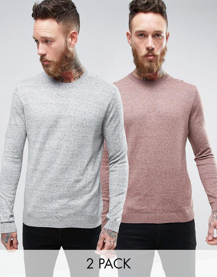 Asos 2 Pack Cotton Sweater In Gray/pink Slub Save - Multi