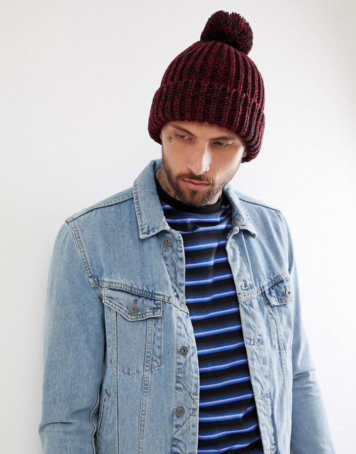 Asos Design Bobble Beanie In Burgundy & Black Twist - Red
