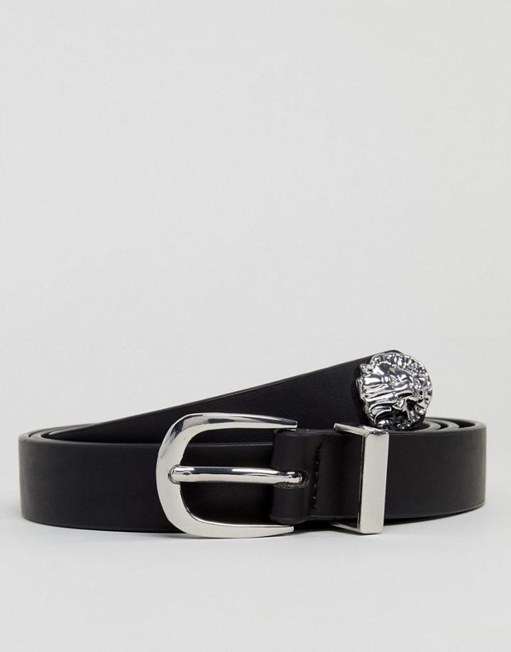 Asos Faux Leather Skinny Long Ended Belt With Tigers Head Tip - Black