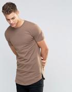 Asos Super Longline Muscle T-shirt With Curved Hem And Zips In Brown - Coco Brown