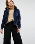 Samsoe & Samsoe Louche Navy Bomber Jacket With Faux Fur Trim - Navy