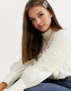Asos Design Long Sleeve High Neck Top With Lace Insert-cream