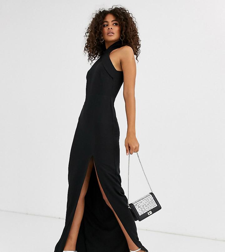 Vesper Tall High Neck Maxi Dress With Thigh Split In Black - Black