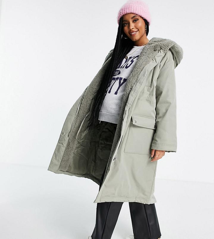 Asos Design Maternity Waterfall Parka Coat In Khaki-grey