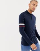 Asos Design Long Sleeve Polo Shirt With Contrast Sleeve Stripe In Navy - Navy