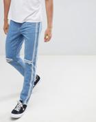 Boohooman Slim Jeans With Side Stripe In Blue Wash - Blue