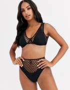 Asos Design Oversized Fishnet High Waist Bikini Bottom In Black