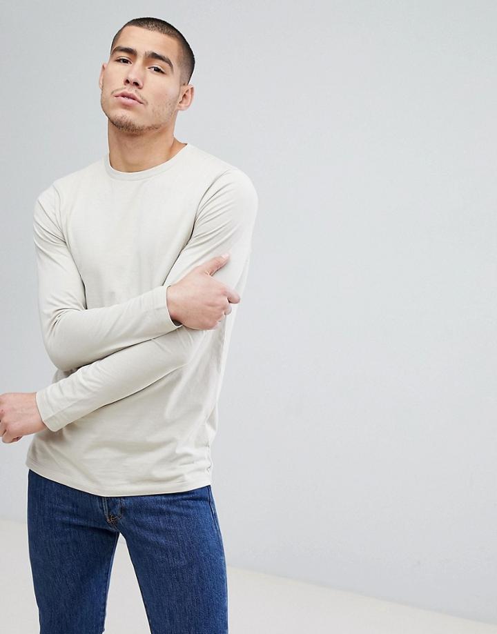 Asos Design Longline Crew Neck T-shirt With Long Sleeves - Beige