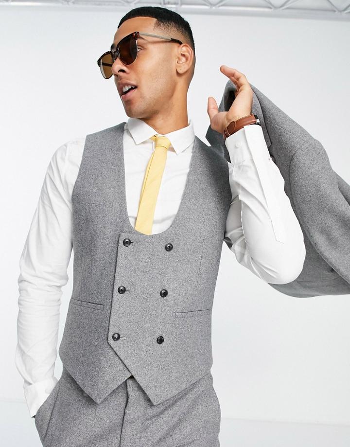 Harry Brown Wedding Slim Fit Tweed Double Breasted Wool Mix Vest-gray