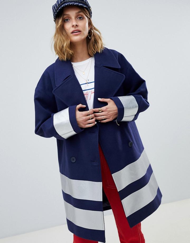 Asos Design Oversized Coat With Silver Strip - Multi