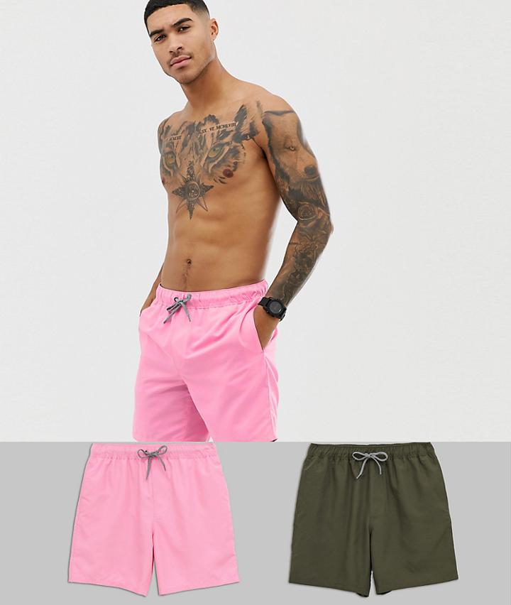 Asos Design Swim Shorts 2 Pack In Pink & Khaki In Mid Length Multipack Saving