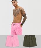Asos Design Swim Shorts 2 Pack In Pink & Khaki In Mid Length Multipack Saving