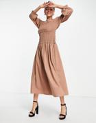 Asos Design Shirred High Neck Midi Dress In Mocha-brown