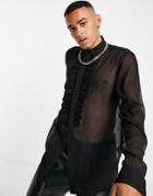 Asos Design Sheer Shirt With Ruffle Front In Black