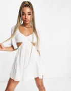 Asos Design Plunge Cut Out Side Mini Skater Sundress With Tie Details In White