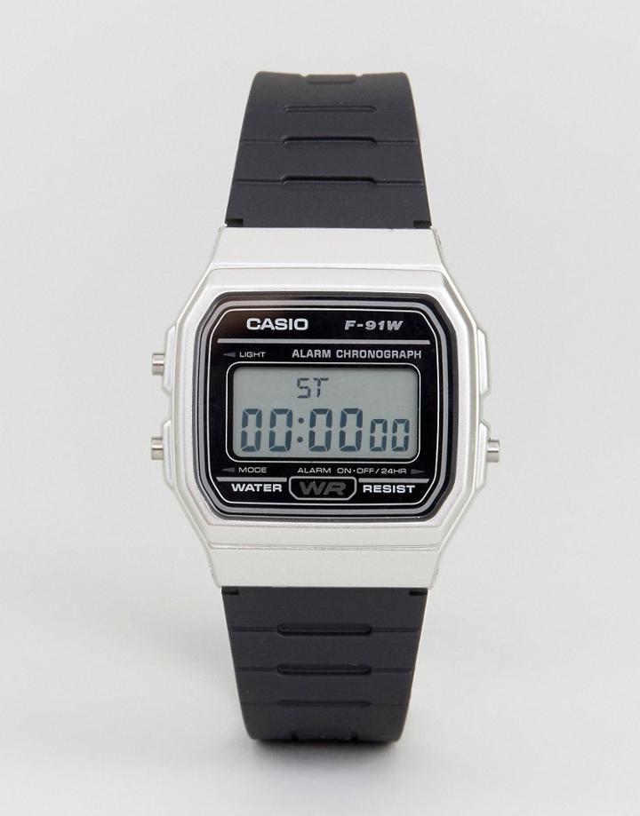 Casio Digital Silicone Strap Watch In Black/silver F91wm-7a - Black