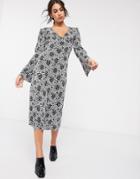 Asos Design Plisse Midi Dress With Tie Back In Black And White Floral Print-multi
