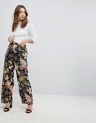 Qed London Wide Leg Floral Pants-black