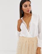 Koco & K Wrap Lace Trim Blouse In Ivory-white