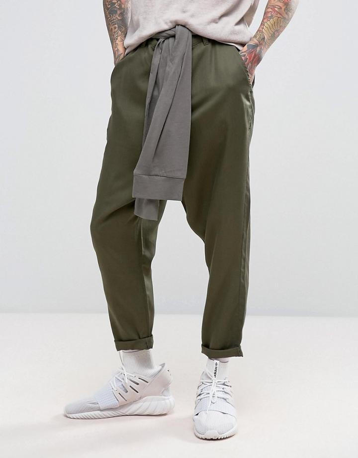 Asos Drop Crotch Pants With Tie Waist In Khaki - Green