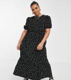 Asos Design Curve Shirred Midi Smock Dress In Cord In Black Floral-multi