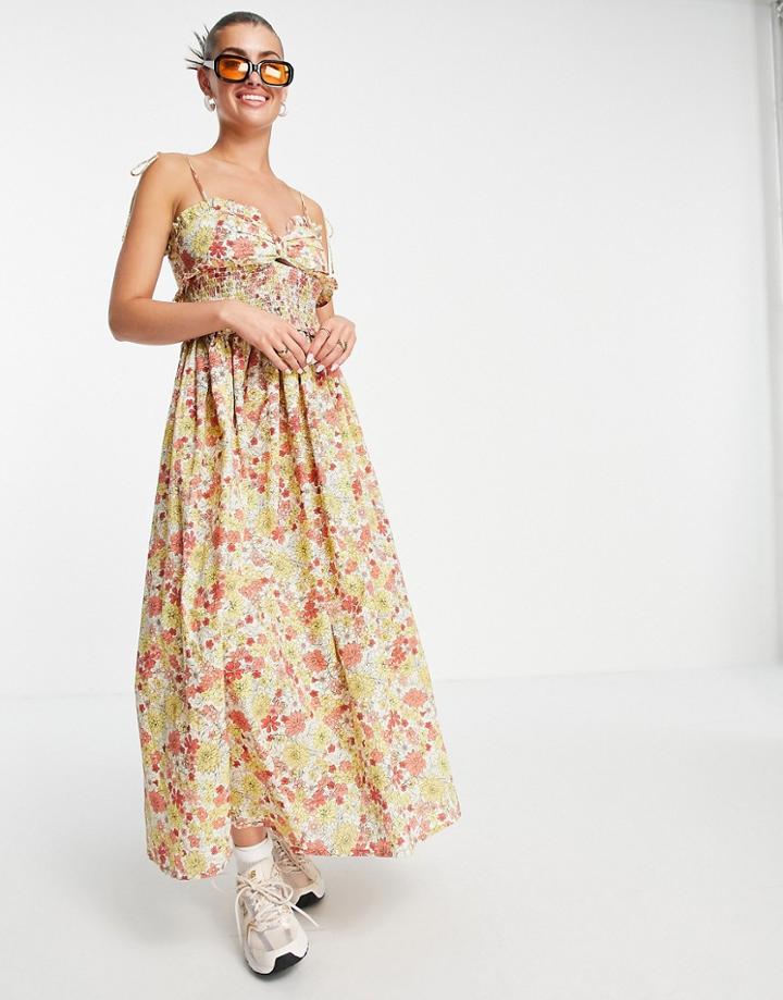 Asos Design Cami Knot Front Midi Sundress With Shirred Waist In Red Ditsy Floral Print-multi