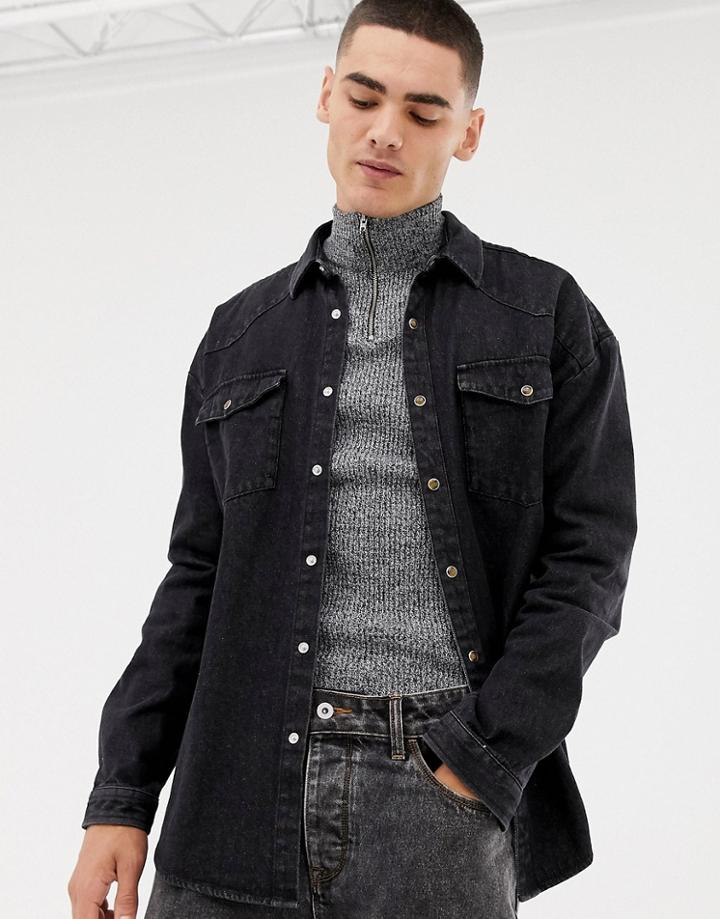 Collusion Oversized Western Denim Shirt In Washed Black - Black