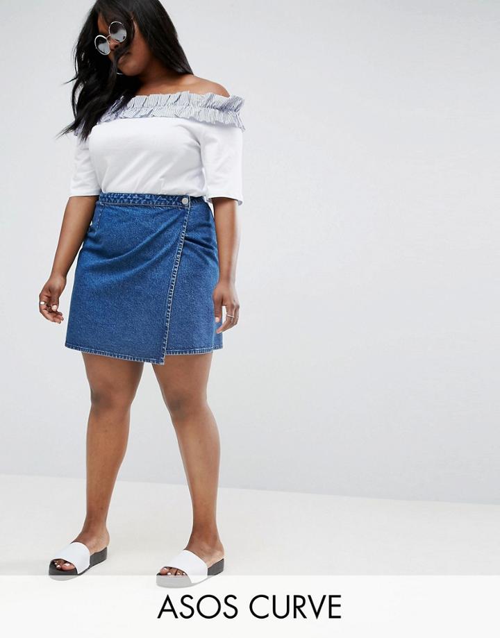 Asos Curve Denim Wrap Skirt In Mid Wash Blue - Blue