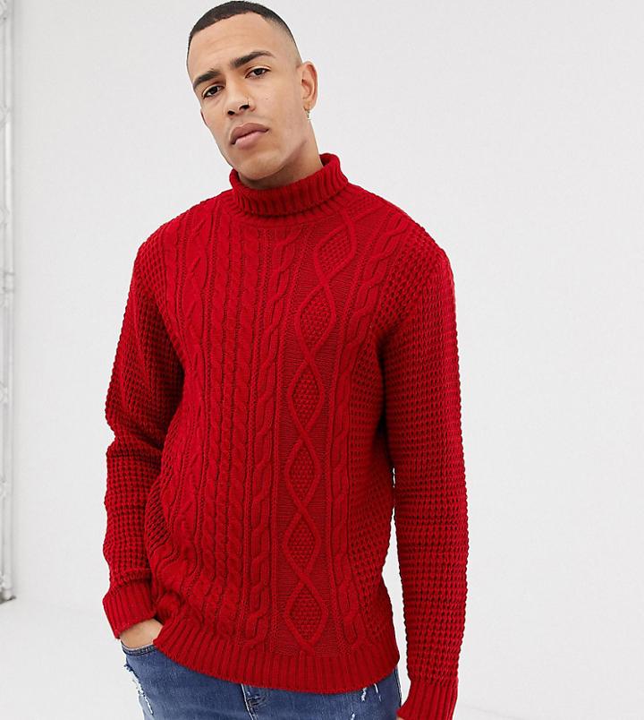 Jacamo Roll Neck Cable Knit Sweater In Red