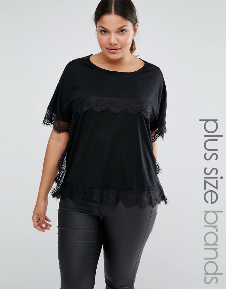 Junarose Lace Trim Short Sleeve Tee - Black