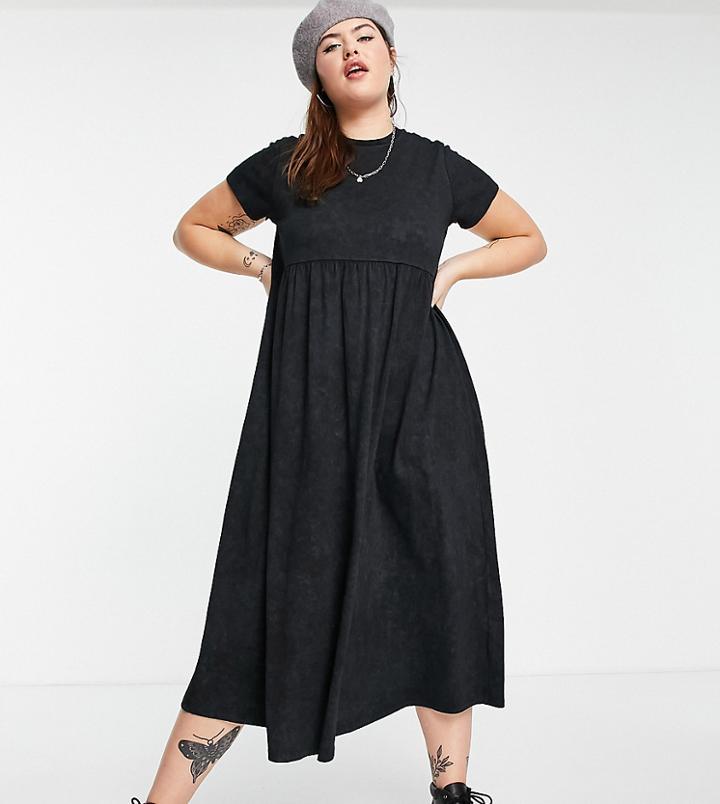 Asos Design Curve Midaxi T-shirt Smock Dress With Tie Back Detaill In Washed Black