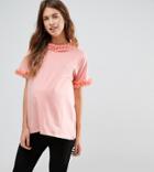 Asos Maternity T-shirt With Lace Ruffle Neck And Sleeves - Pink