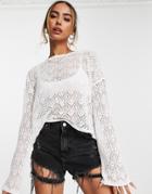 Stradivarius Crochet Sweater With Flared Sleeve In Ecru-white