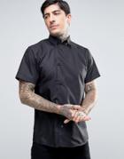 Rogues Of London Short Sleeve Skinny Shirt With Off Center Placket - Black